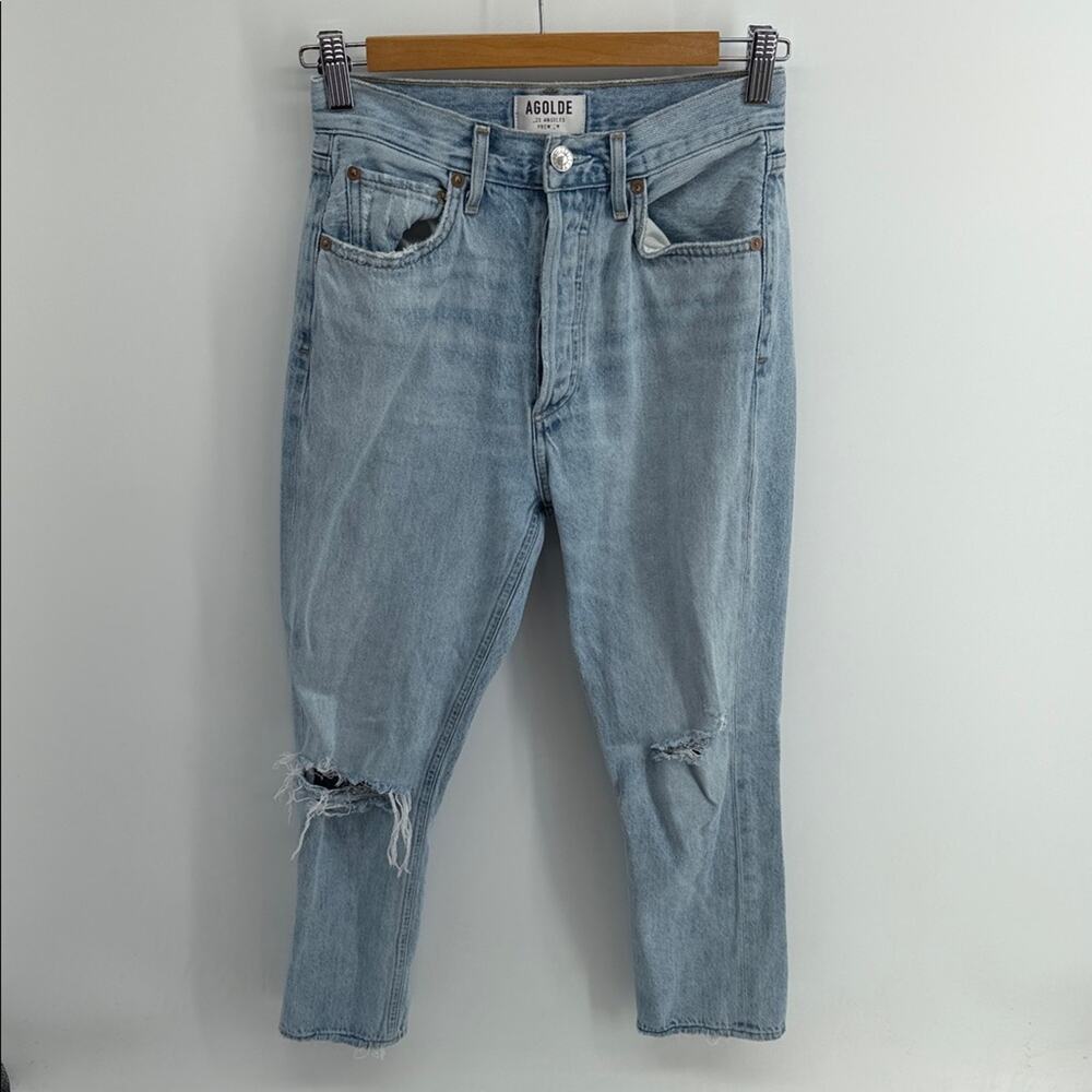 AGOLDE Riley hi rise distressed button fly slim mom cropped denim jeans sz 25